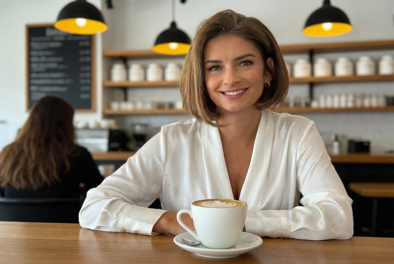 Maggie smiling with a coffee at a cafe
