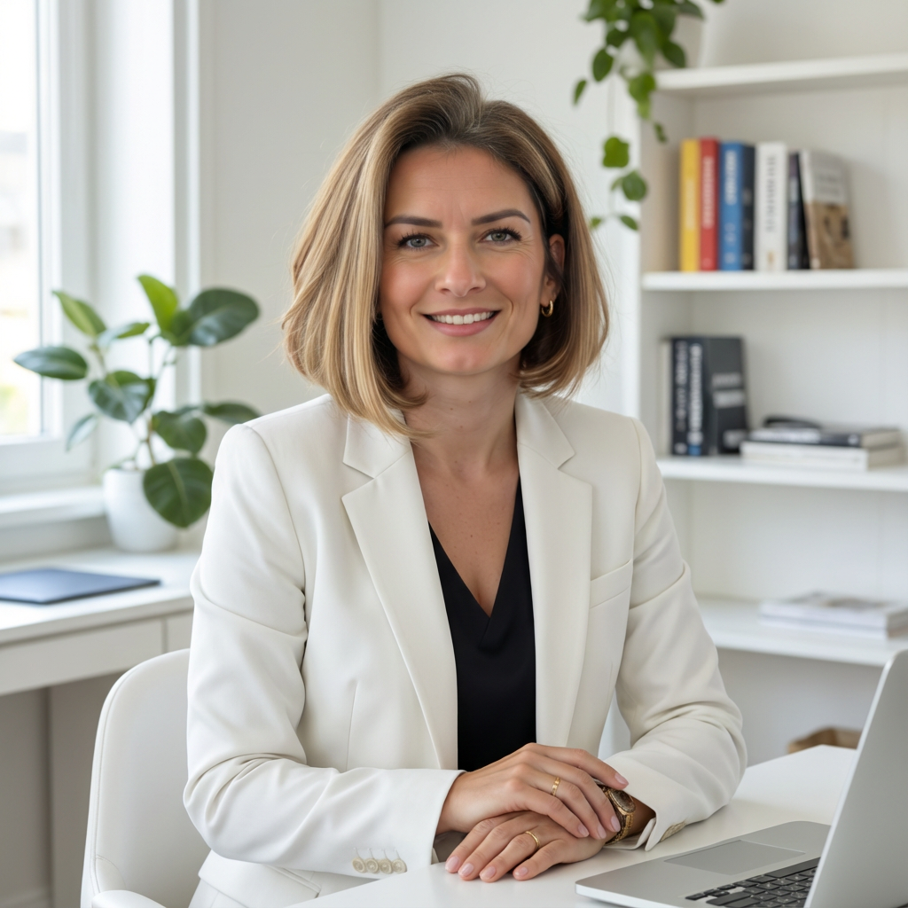 Maggie Mirski smiling at her desk with a microphone